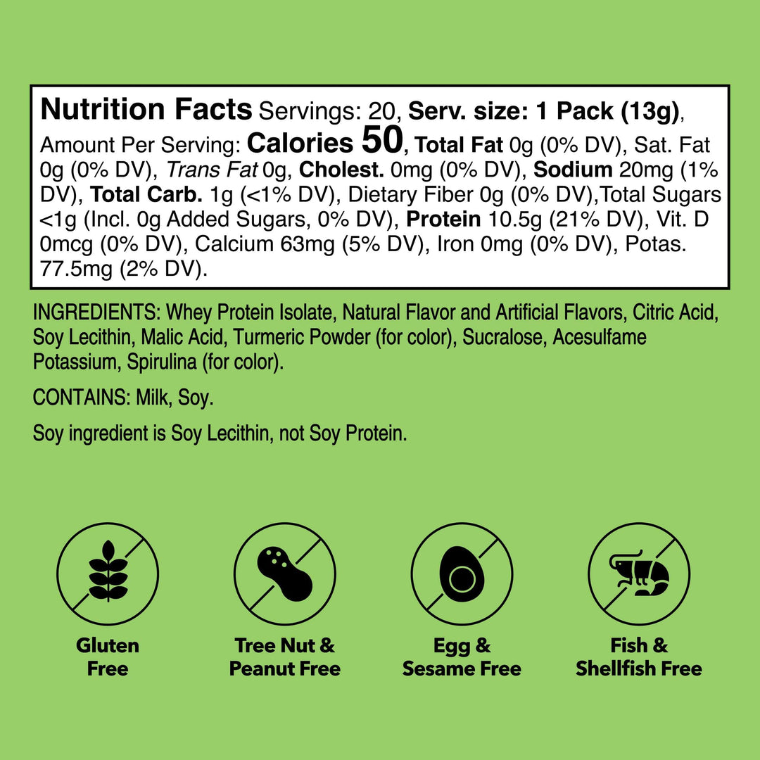 Unjury Lemon Lime Whey Protein Single-Serve Stick Pack Box of 20 nutrition facts.