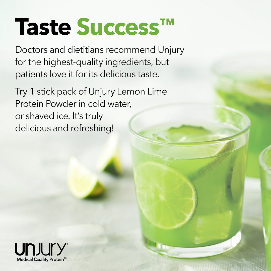 Doctors and dietitians recommend Unjury for the highest-quality ingredients, but patients love it for its delicious taste. Try Unjury Lemon Lime single-serve protein stick packs in cold water or shaved ice.