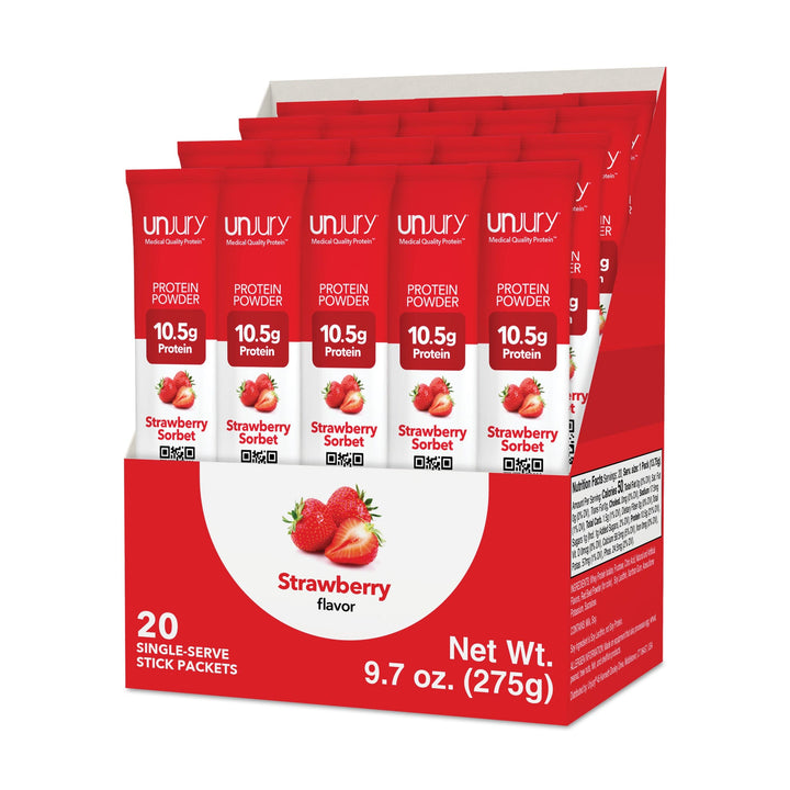 Unjury Strawberry Whey Protein Single-Serve Stick Pack Box of 20.