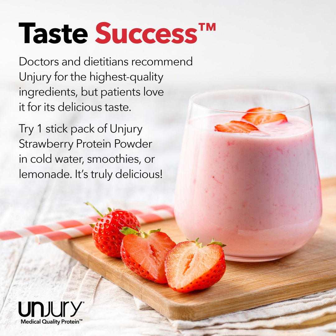 Doctors and dietitians recommend Unjury for the highest-quality ingredients, but patients love it for its delicious taste. Try Unjury Strawberry single-serve protein stick packs in cold water, smoothies, or lemonade.
