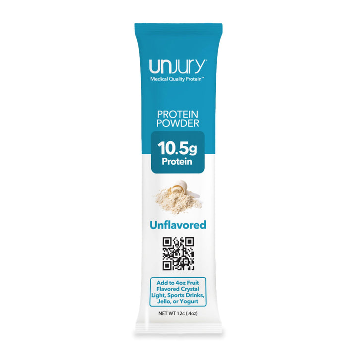 Unjury Unflavored Whey Protein Isolate single-serve packets.