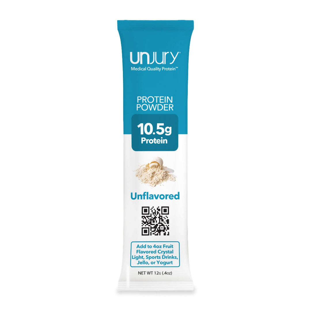 Unjury Unflavored Whey Protein Isolate single-serve packets.