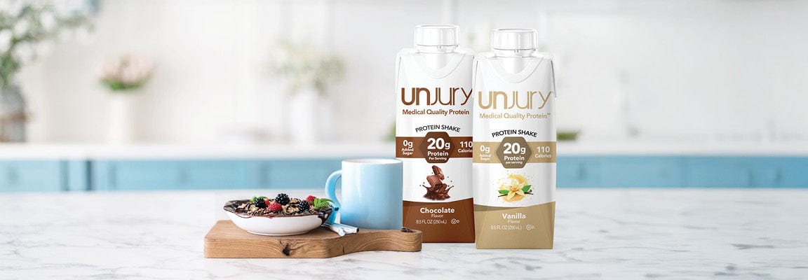 Unjury Ready-to-drink protein shakes available in chocolate and vanilla.