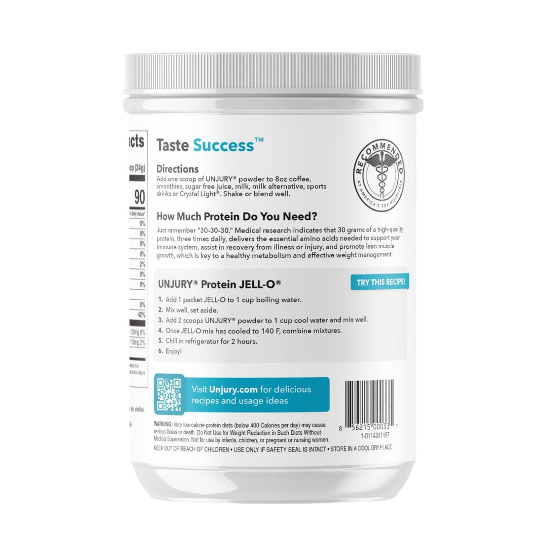 Unjury Unflavored High Whey Protein Powder container side panel