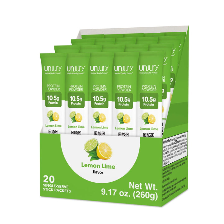 Box of Unjury Lemon Lime Whey Protein Single-Serve Stick Pack Box of 20.