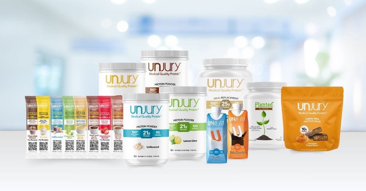 Unjury products including protein powder, protein bars, ready-to-drink shakes, and meal replacement powders. 
