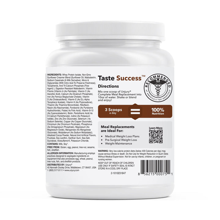 Unjury Artisan Chocolate Protein-Centric Meal Replacement directions and UPC on contianer