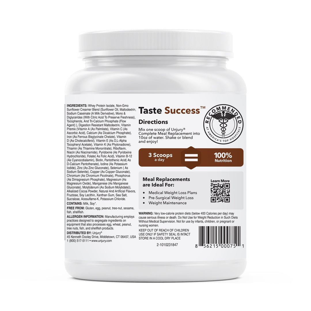 Unjury Artisan Chocolate Protein-Centric Meal Replacement directions and UPC on contianer