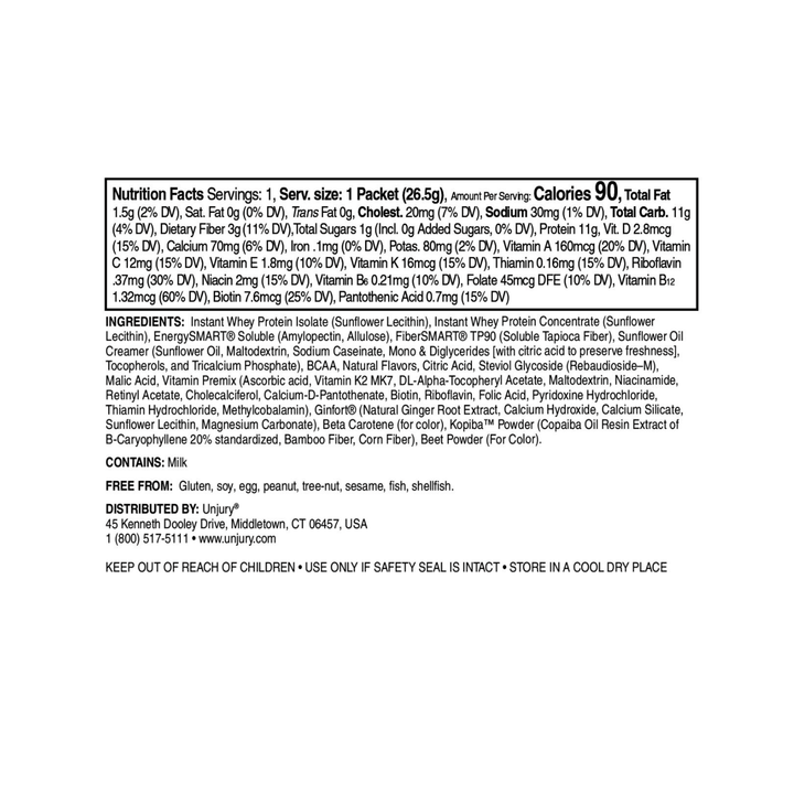 Unjury Tropical Twist Protect & Restore Advanced Protein+ Single Serve Stick Packet nutrition facts and ingredients.